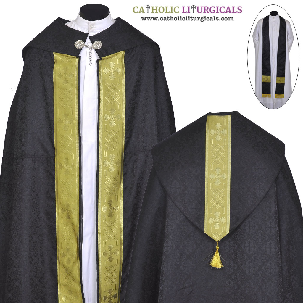 Cope Vestment Black Cope with Yellow Orphreys & Stole Set