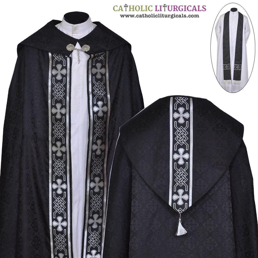 Cope Vestment Black Cope with Silver Orphreys & Stole Set