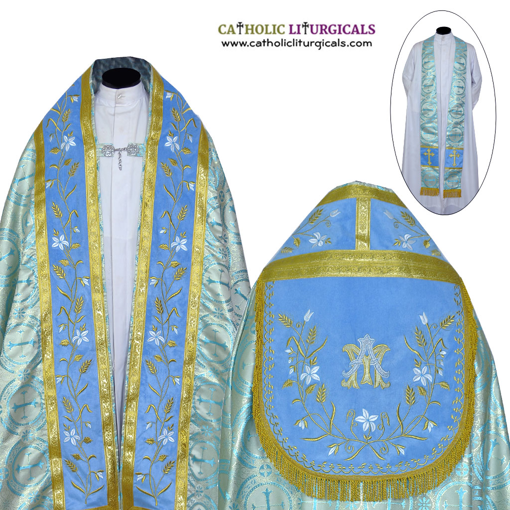 Cope Vestment Fully Embroidered Marian Blue Cope & Stole Set