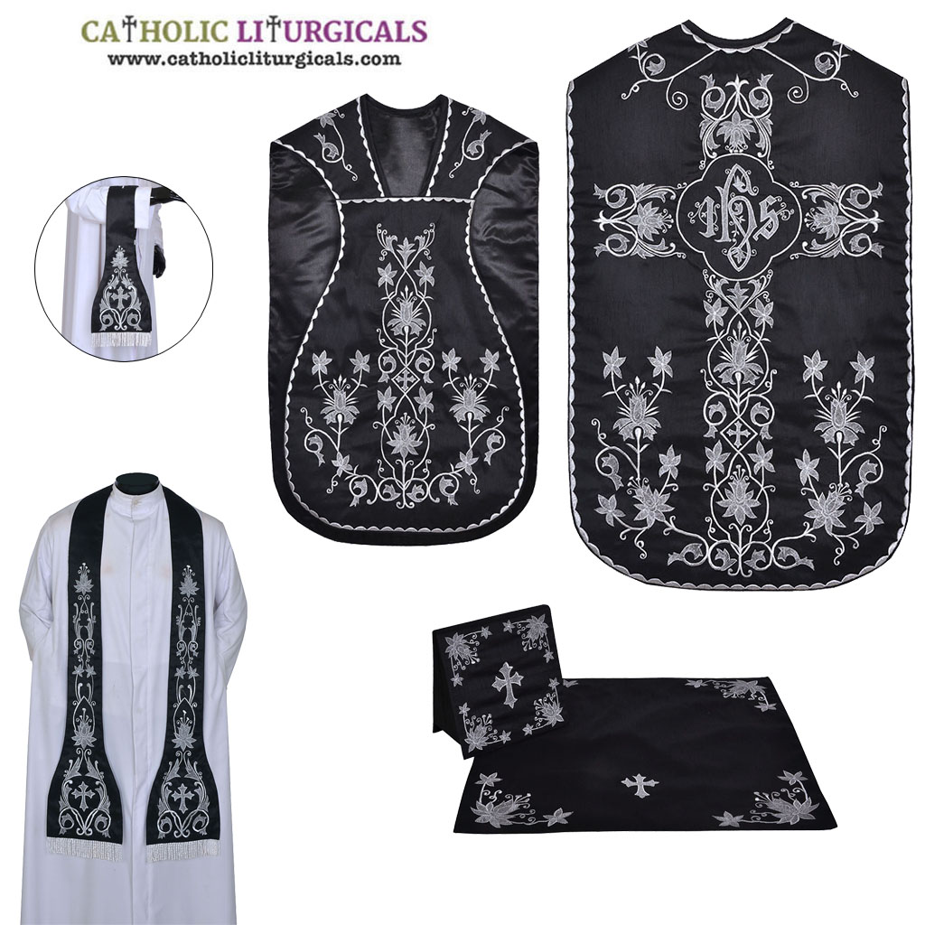 Fiddleback Chasubles Black with Silver Fiddleback Chasuble & Mass Set