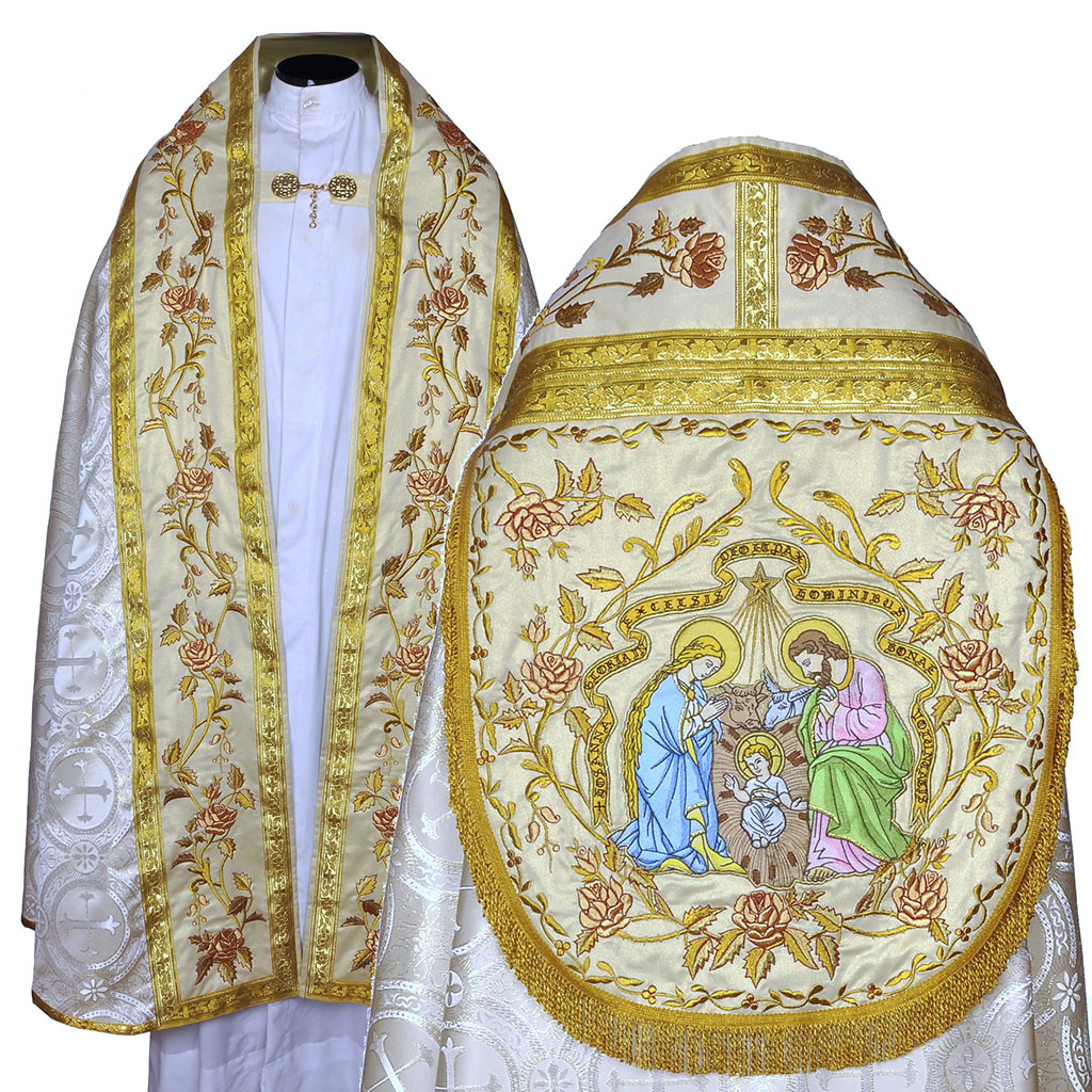 Cope Vestment Embroidered White Gold Cope & Stole Set - XMAS