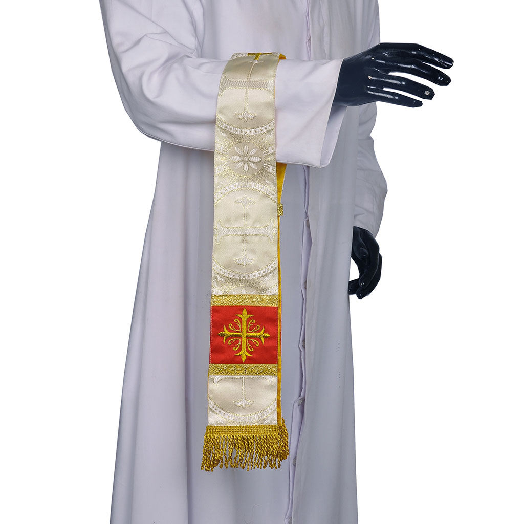 Priest Maniples Metallic White Gold Maniple Cross Embroidered