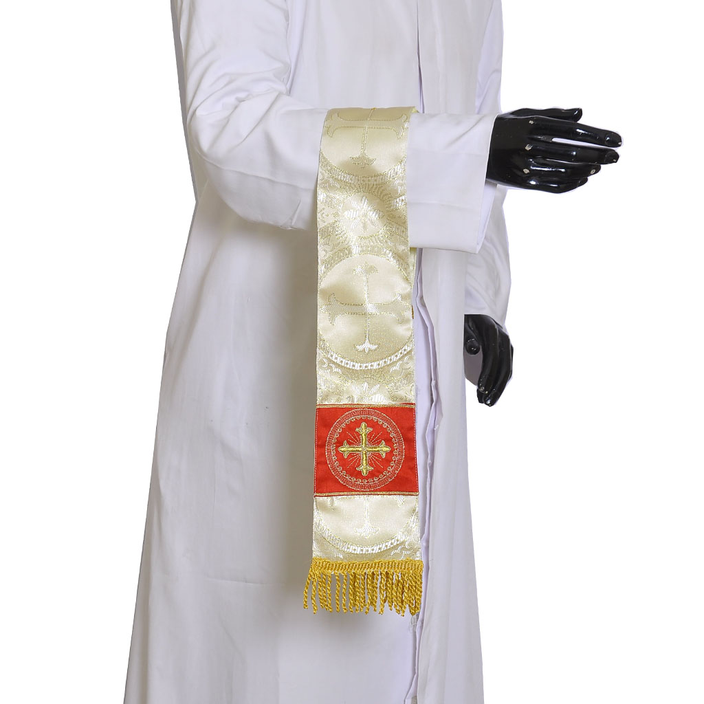 Priest Maniples Metallic white Gold Maniple - Cross Embroidered