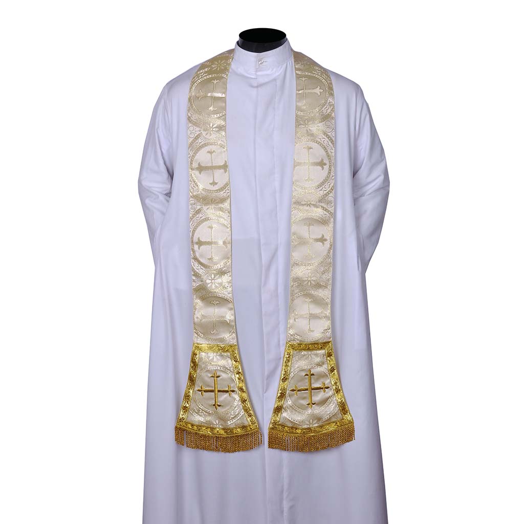 Priest Stoles White Gold Priest Stole - Cross Embroidery