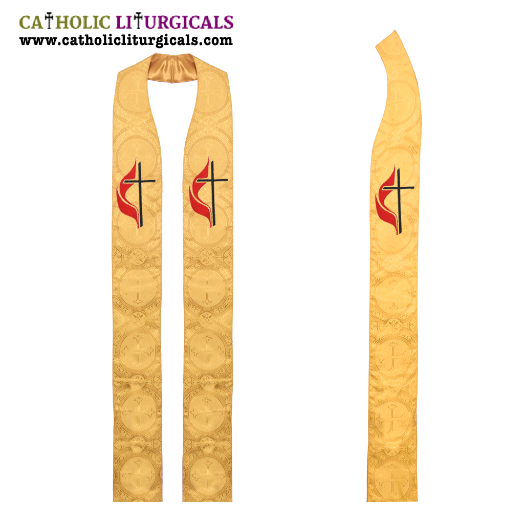 Priest Stoles Yellow Methodist Stole - Cross & Flame Logo