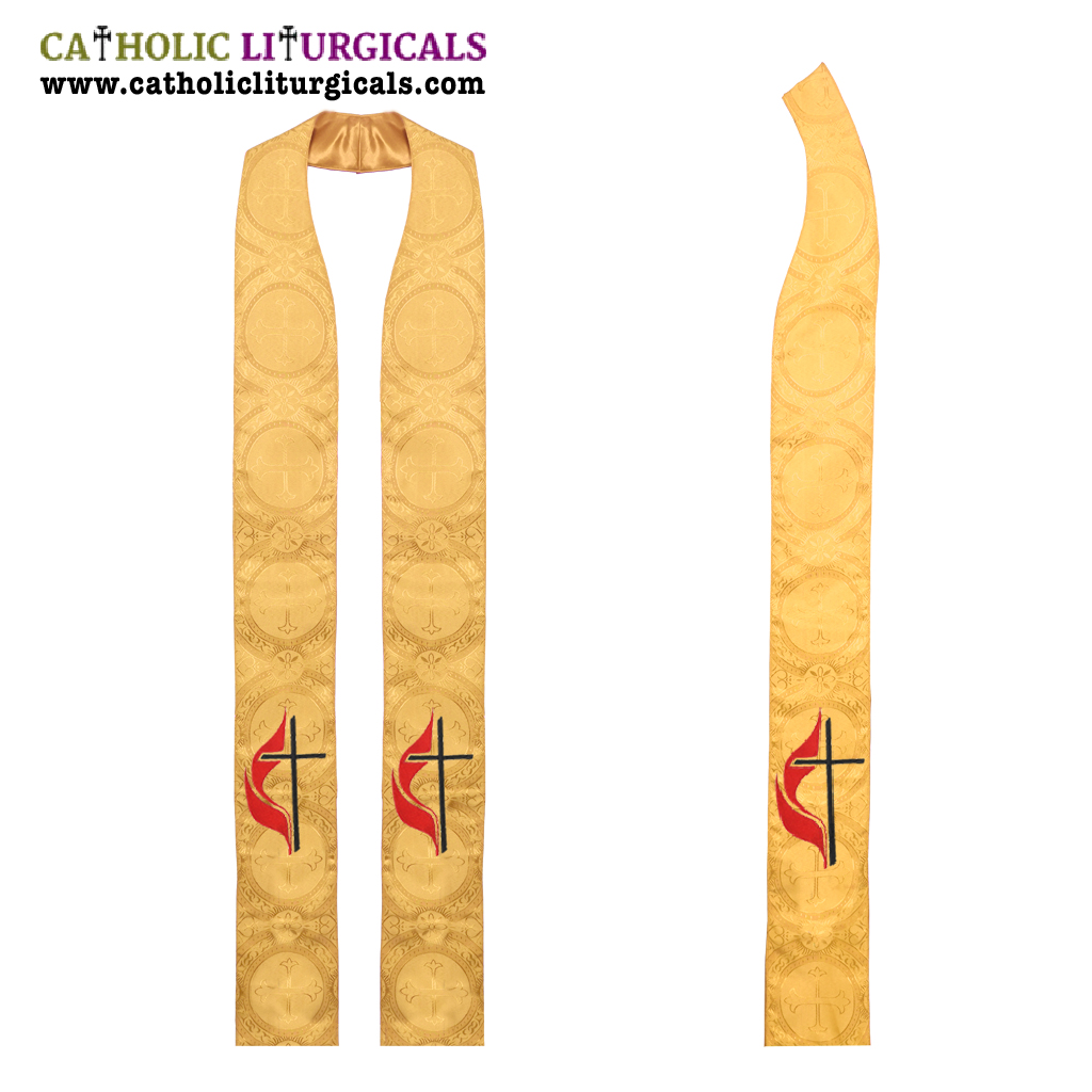 Priest Stoles Yellow Methodist Stole - Cross & Flame Logo