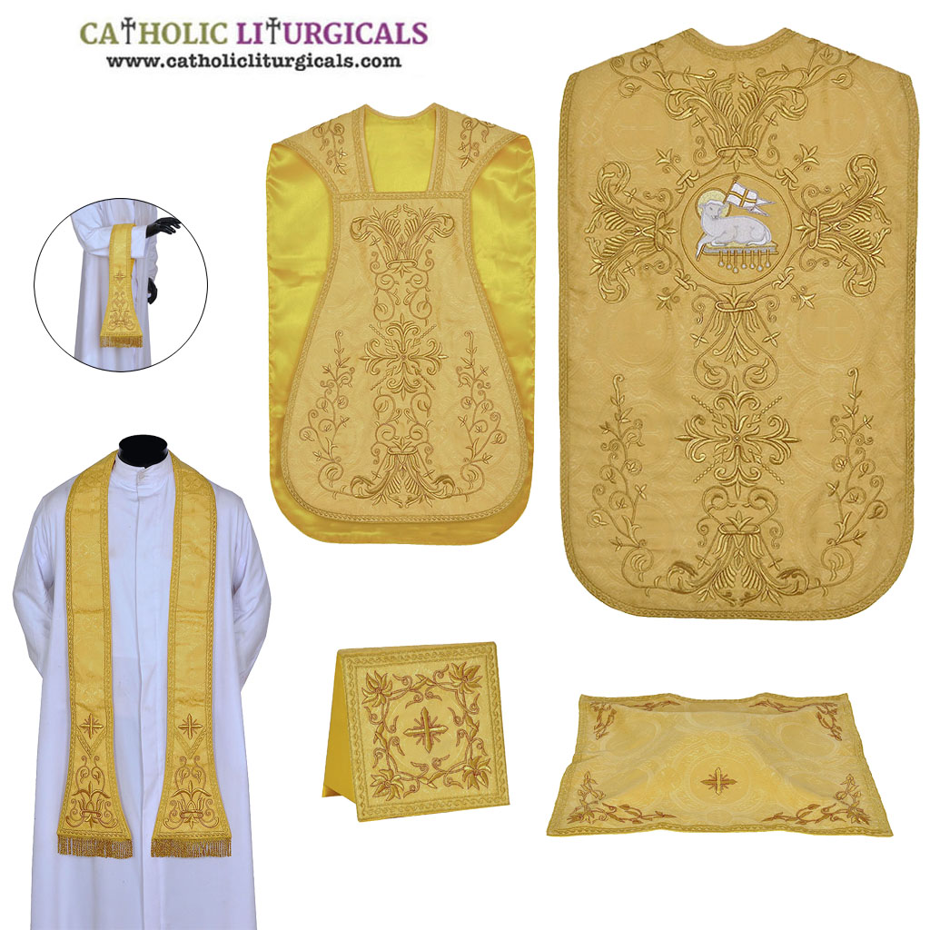 Fiddleback Chasubles Yellow Gold Chasuble & Low Mass Set - Agnus Dei
