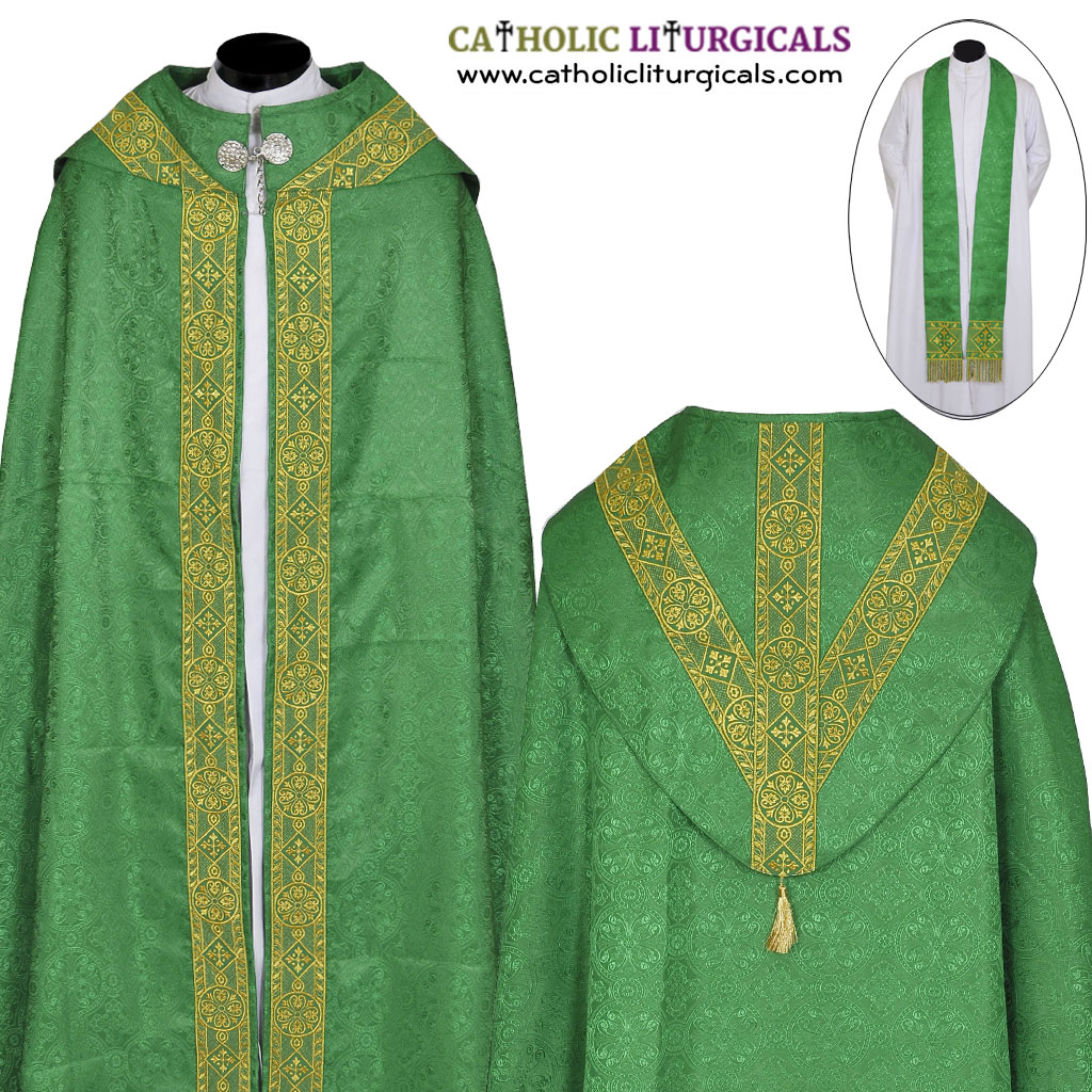 Cope Vestment Green Cope & Stole Set with Embroidered Orphreys