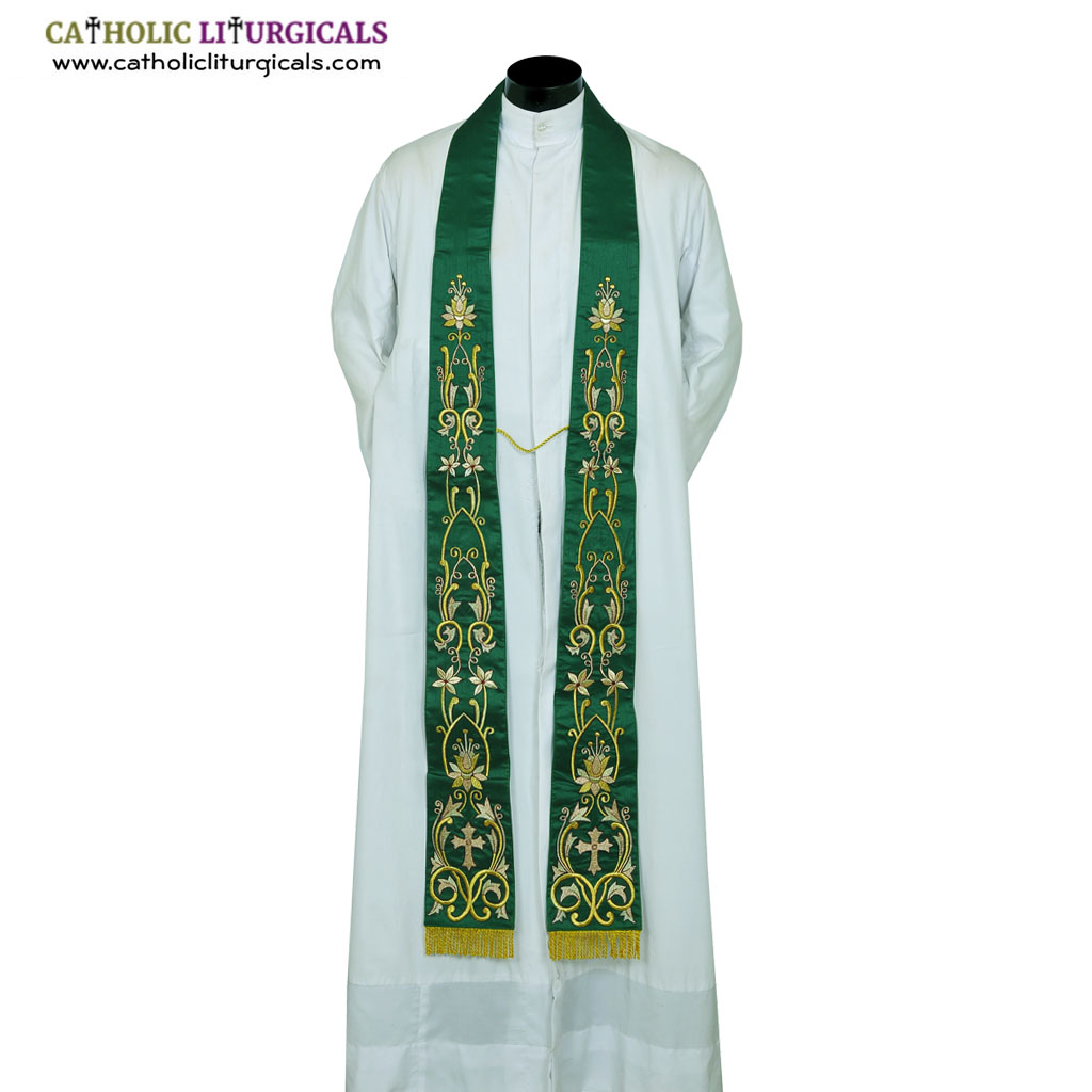 Priest Stoles Green Gold Fully Embroidered Priest Stole