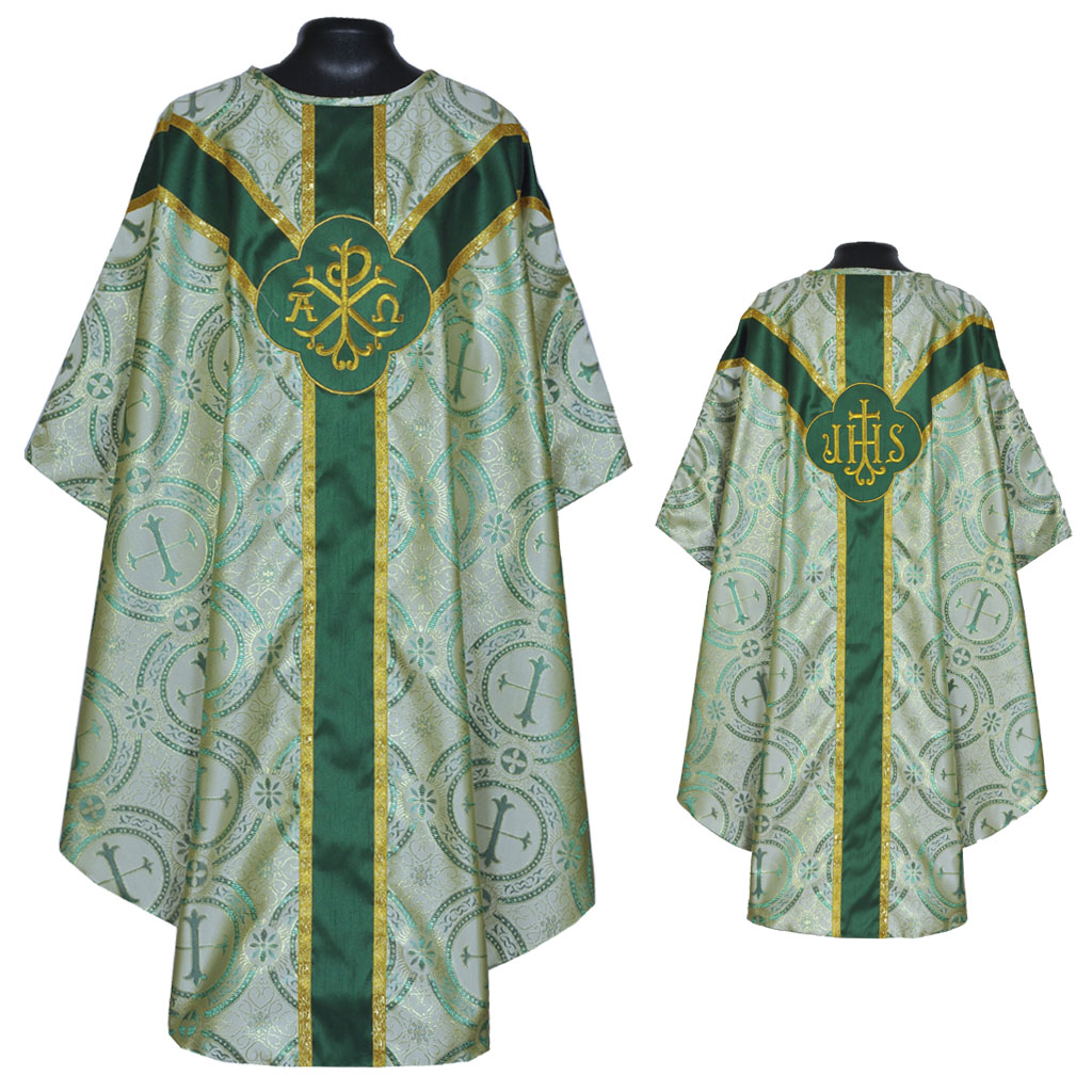 Green Gothic Vestment & Low Mass Set - Green Gothic Chasuble & Mass Set -  Chi Rho (PAX) motif in front & IHS Motif on Back