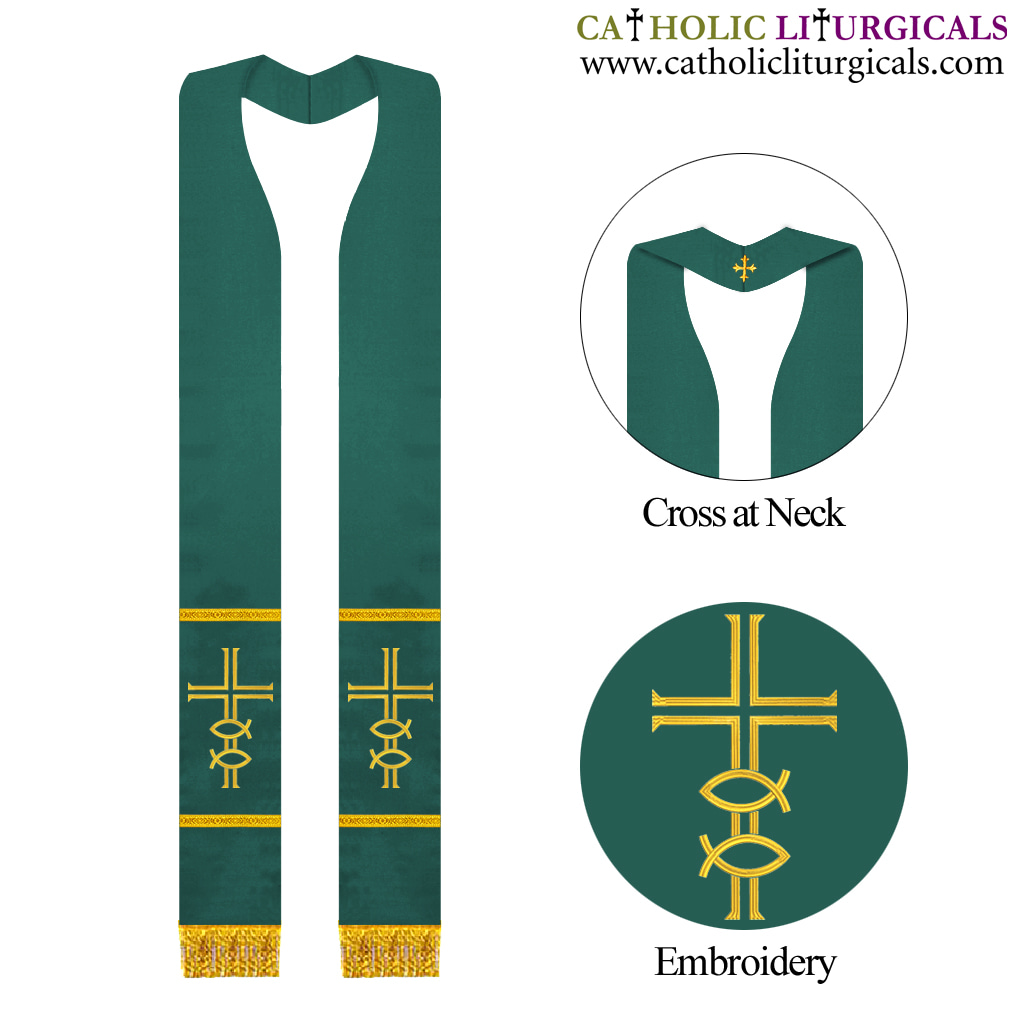Priest Stoles Green Priest Stole - Cross and Fish