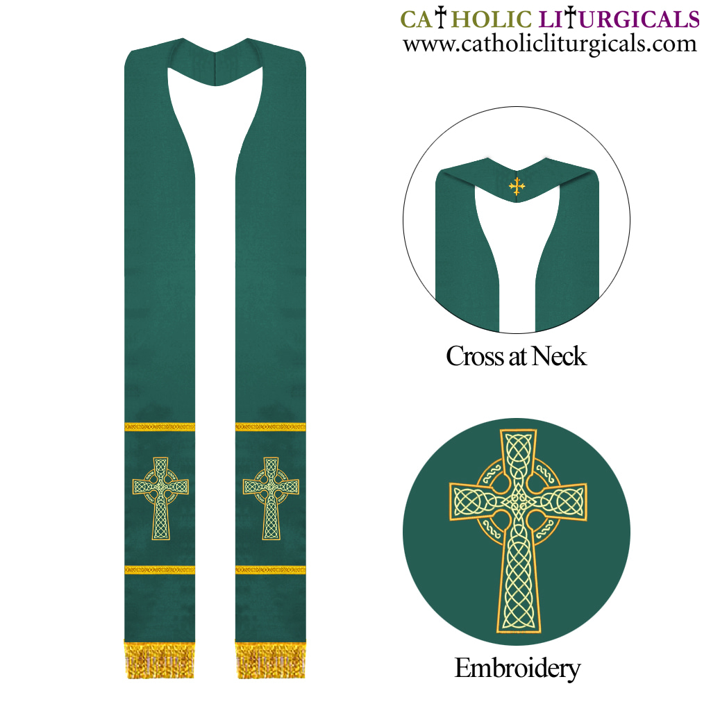 Priest Stoles Green Clergy Stole - Celtic Knot Cross