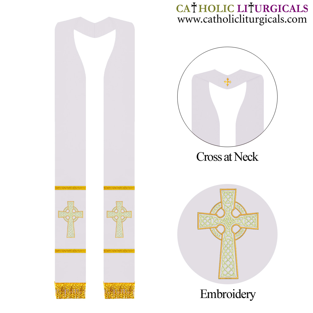 Priest Stoles White Clergy Stole - Celtic Knot Cross