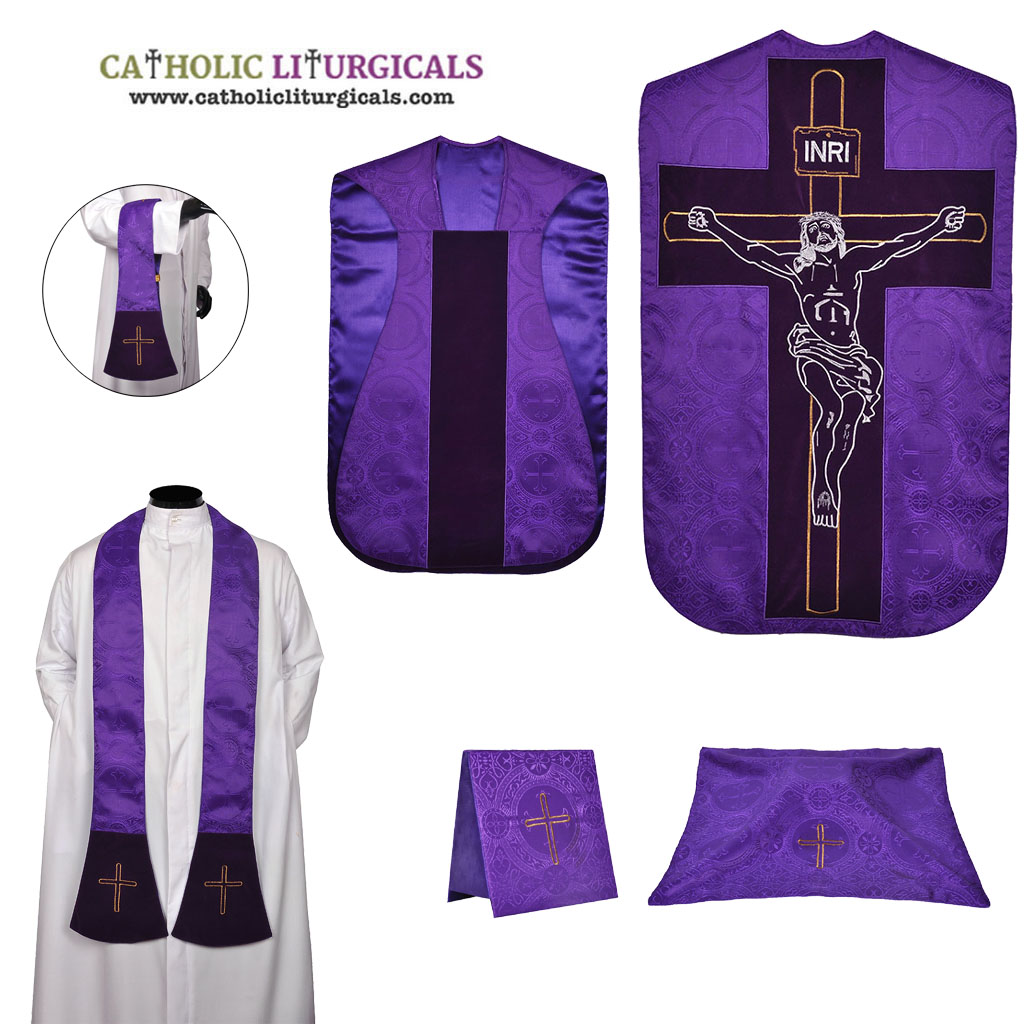 Fiddleback Chasubles Purple Chasuble & Low Mass Set - Crucifixion