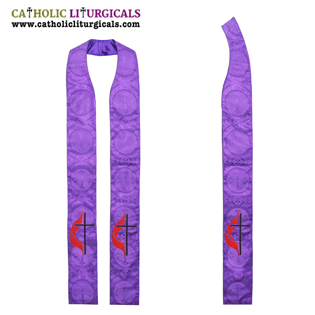 Priest Stoles Purple Methodist Stole - Cross & Flame Logo