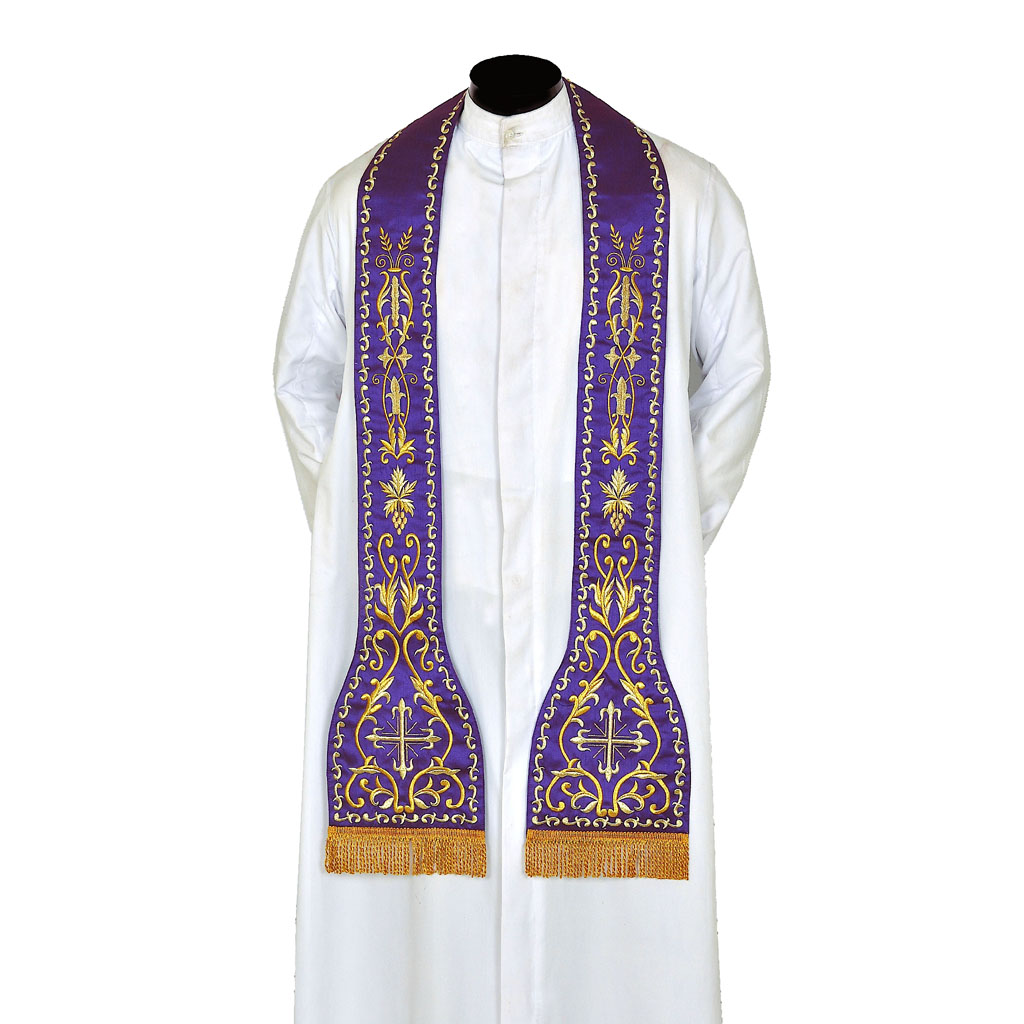 Priest Stoles Fully Embroidered Purple - Priest Stole SILK