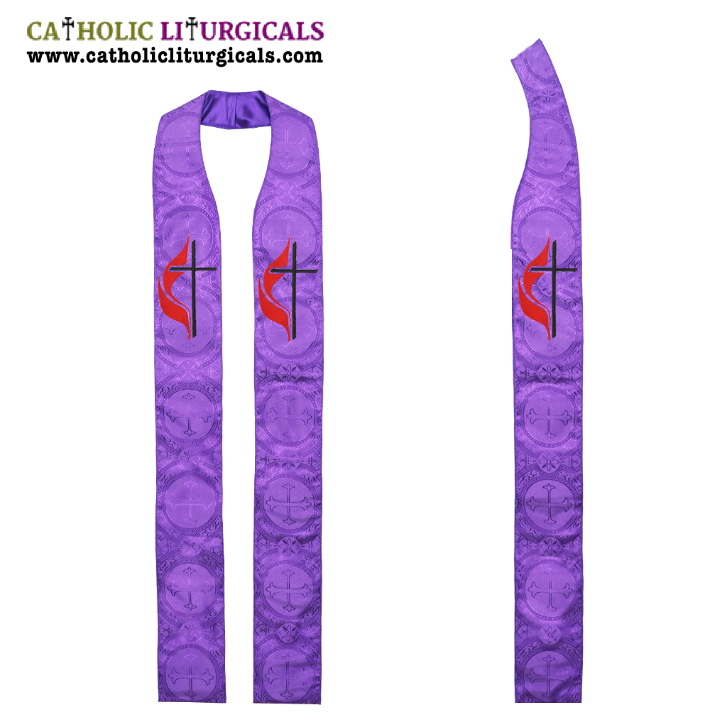 Priest Stoles Purple Methodist Stole - Cross & Flame Logo