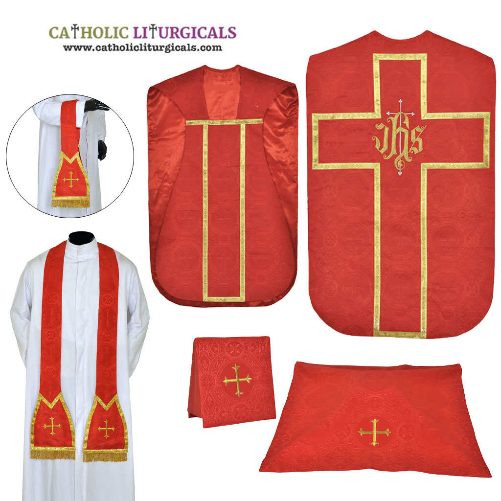 Fiddleback Chasubles Red Chasuble & Low Mass Set