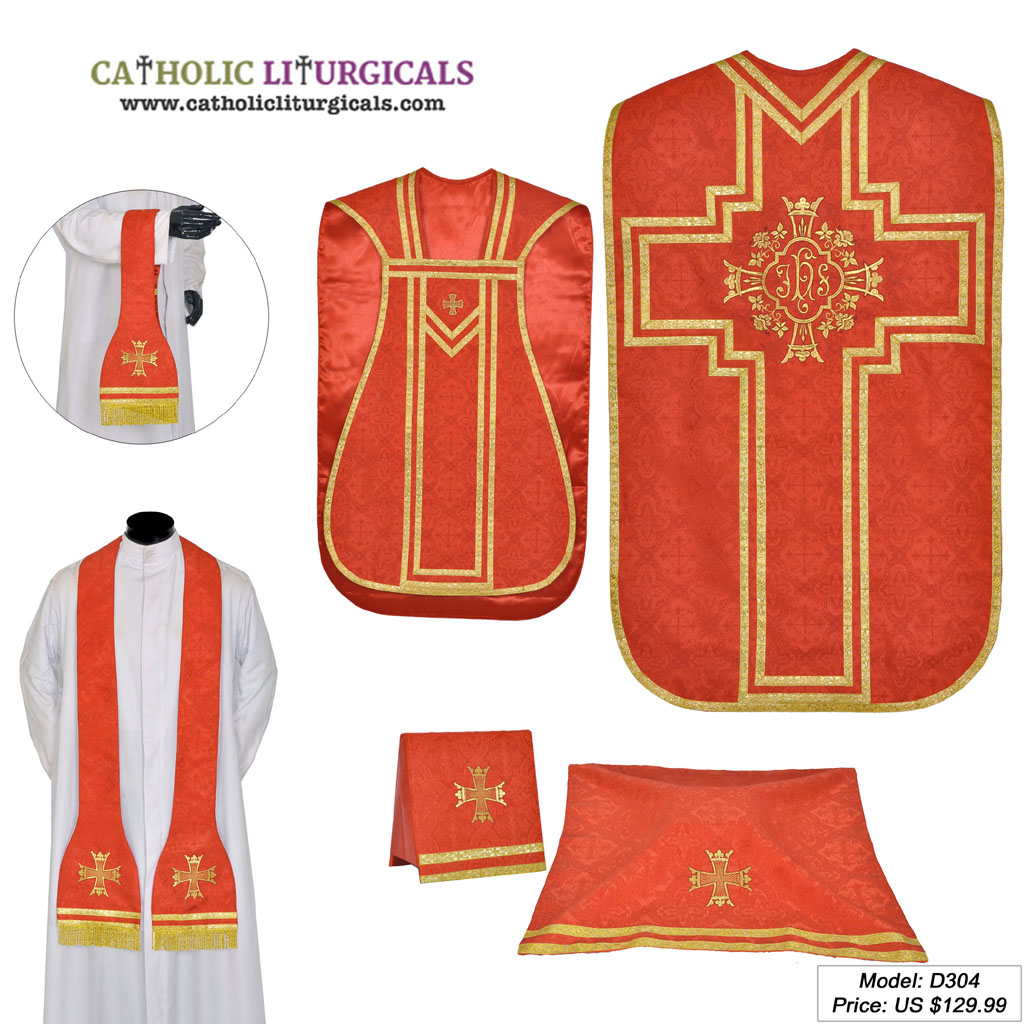 Fiddleback Chasubles Red Fiddleback Chasuble & Low Mass Set