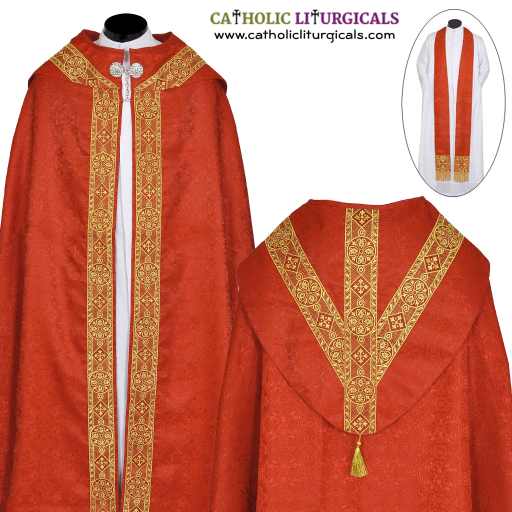 Cope Vestment Red Cope & Stole Set with Embroidered Orphreys