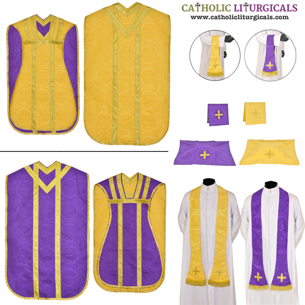 Fiddleback Chasubles Yellow Gold & Purple Reversible Chasuble & Low Mas