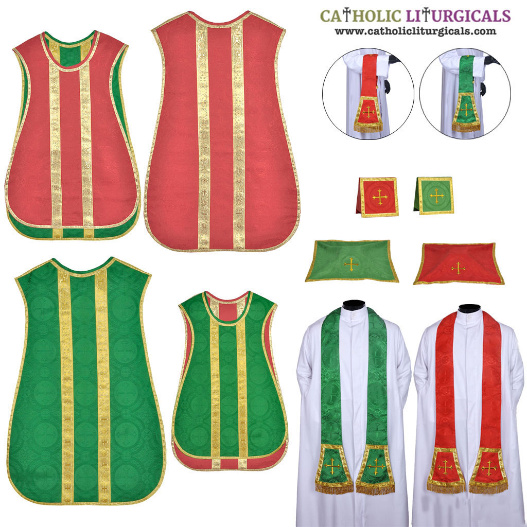 Fiddleback Chasubles Red & Green Spanish Cut Chasuble & Low Mass Set