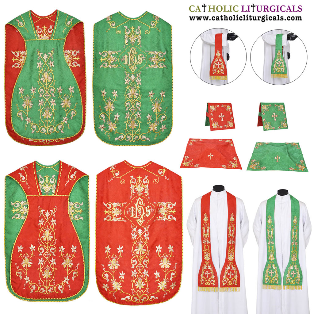 Fiddleback Chasubles Red & Green Reversible Chasuble & Low Mass Set