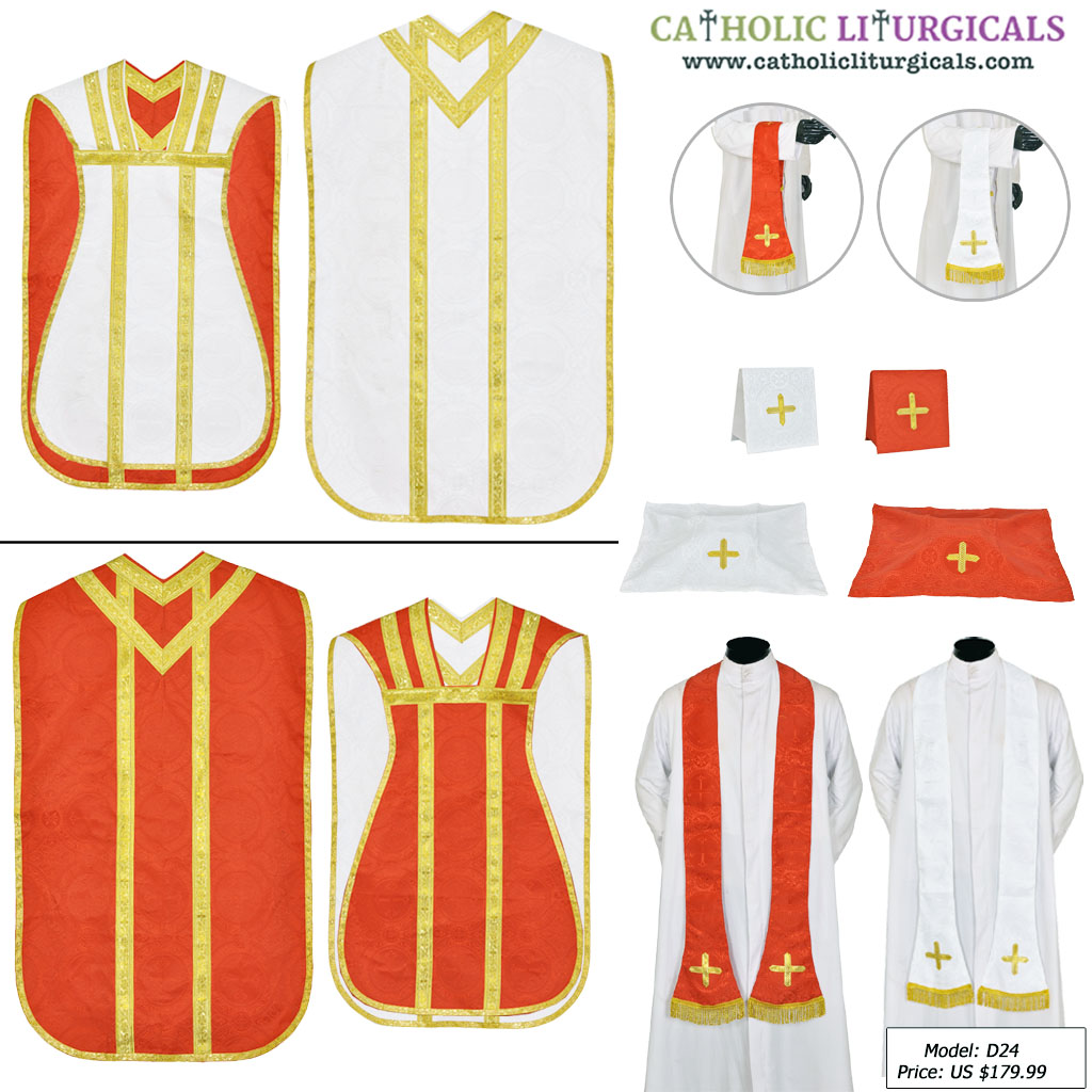 Fiddleback Chasubles White & Red Reversible Chasuble & Low Mass Set