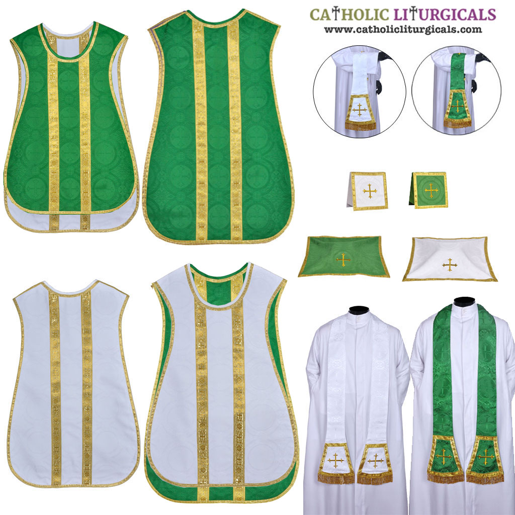 Fiddleback Chasubles White & Green Spanish Cut Chasuble & Low Mass Set