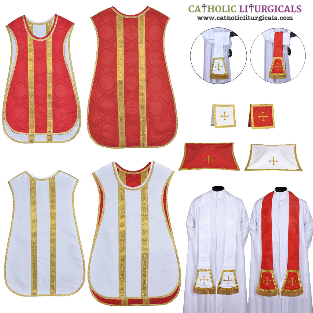 Fiddleback Chasubles White & Red Spanish Cut Chasuble & Low Mass Set