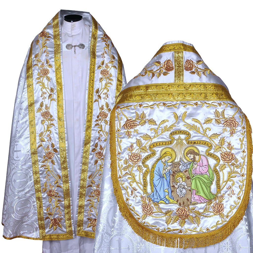 Cope Vestment Embroidered White Silver Cope & Stole Set - XMAS