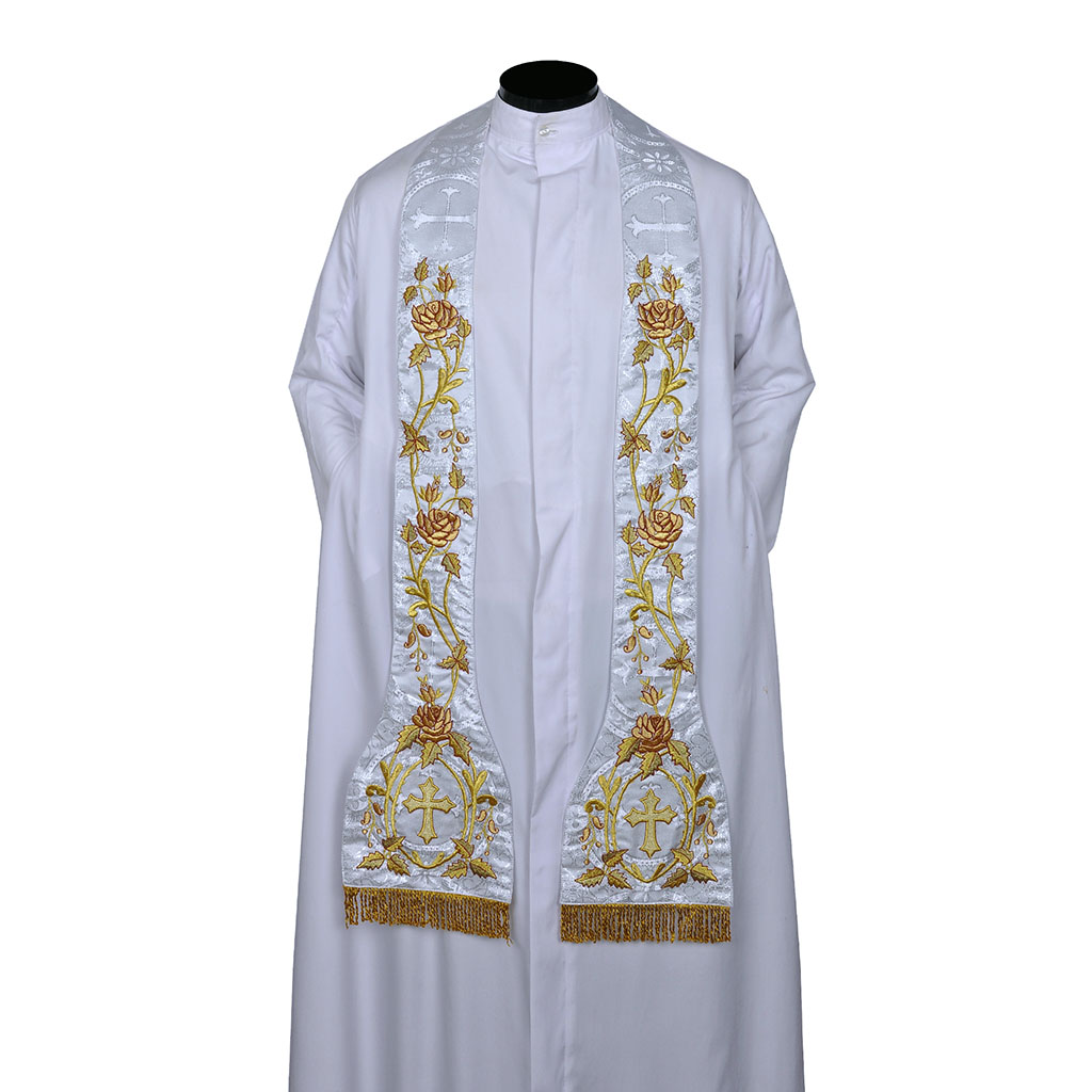 Priest Stoles Fully Embroidered White Silver - Priest Stole