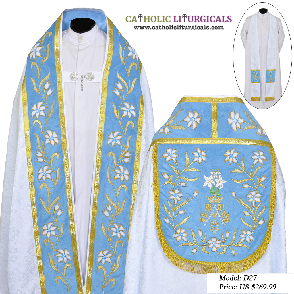 Cope Vestment Fully Embroidered White  Cope & Stole Set