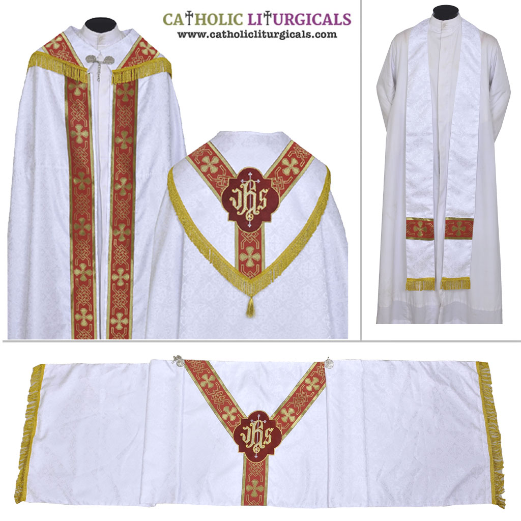 Cope Vestment White Cope with Red Orphreys Humeral Veil & Stole 