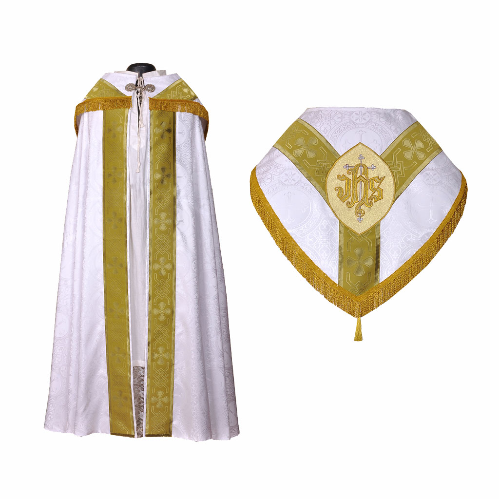 Cope Vestment White Cope w Yellow Gold Orphreys & Stole IHS