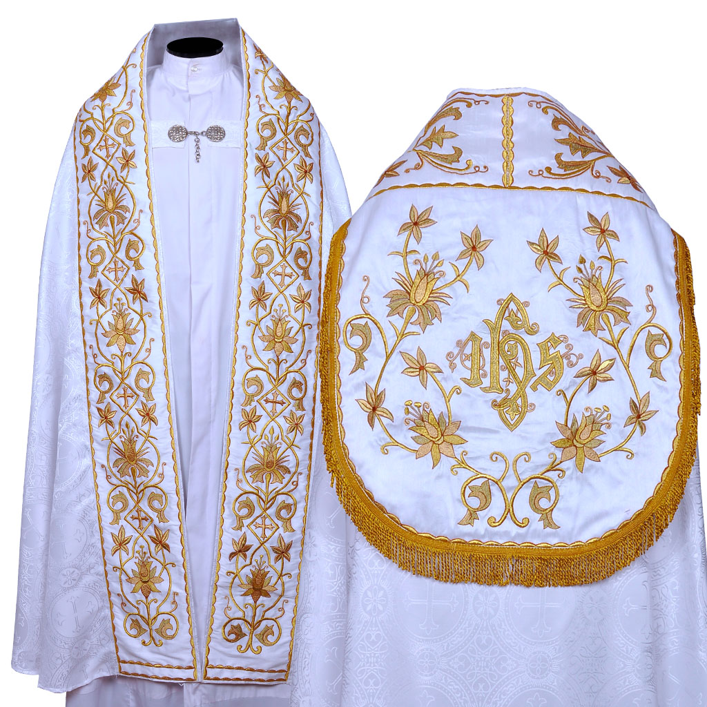 Cope Vestment Fully Embroidered White Cope & Stole Set