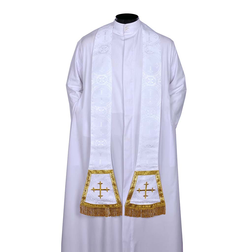 Priest Stoles White Priest Stole - Cross Embroidery