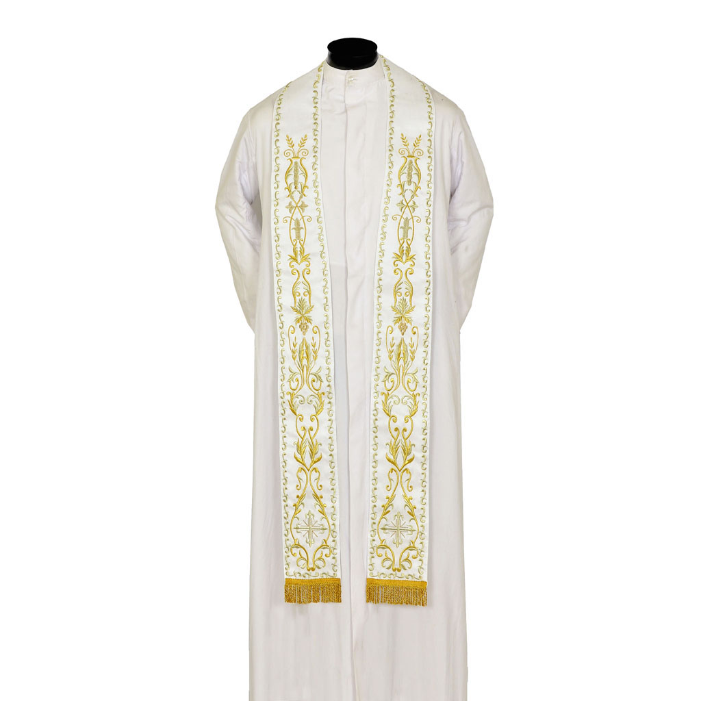 Priest Stoles Embroidered White Priest Stole - SILK 