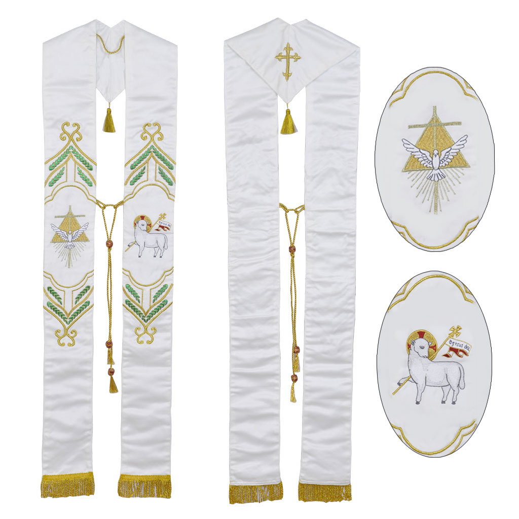 Priest Stoles White Stole - Trinity & Agnus Dei Embroidery