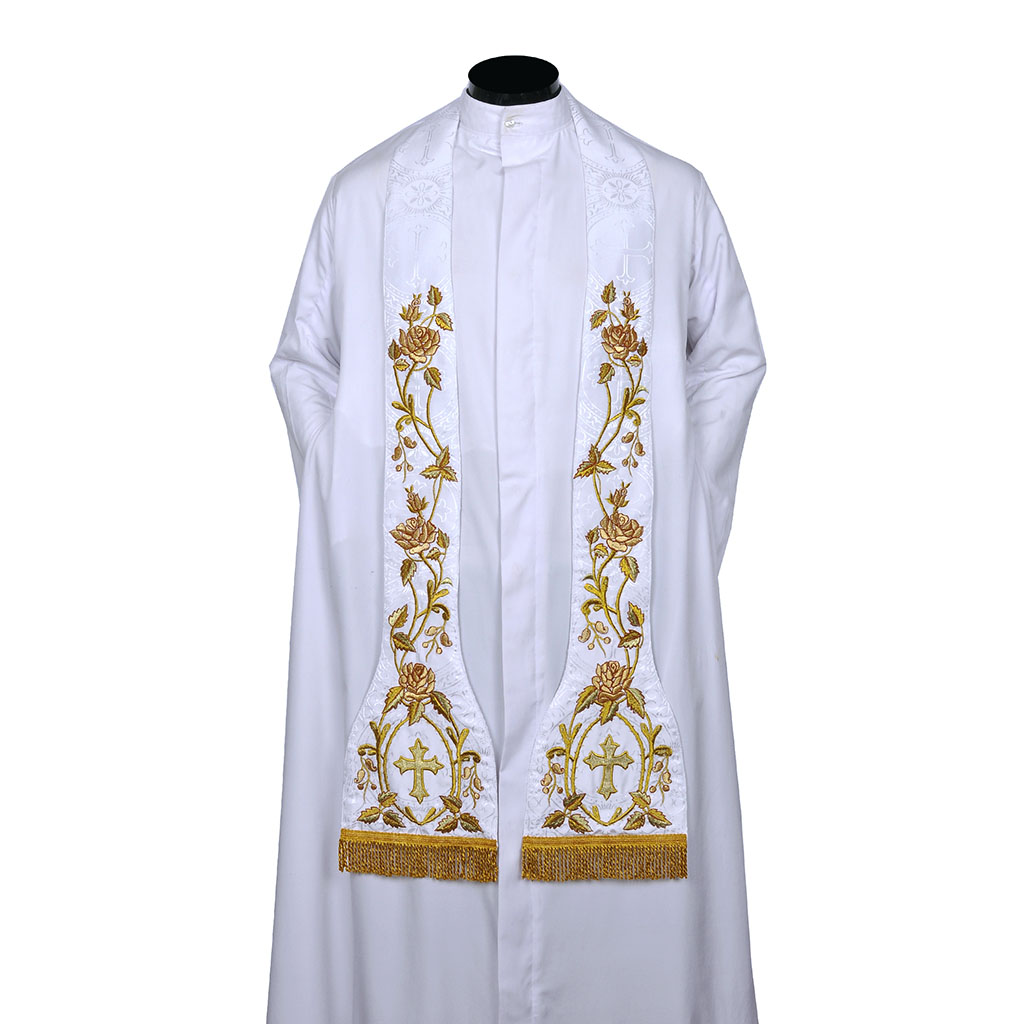 Priest Stoles Fully Embroidered White - Priest Stole