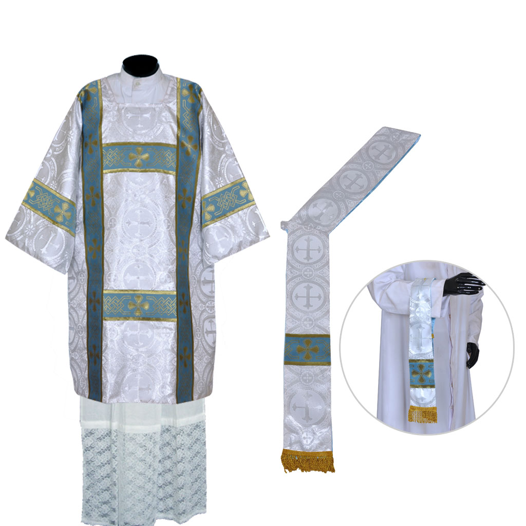 Lenten Offers White Silver Deacon Dalmatic Vestment & Mass Set