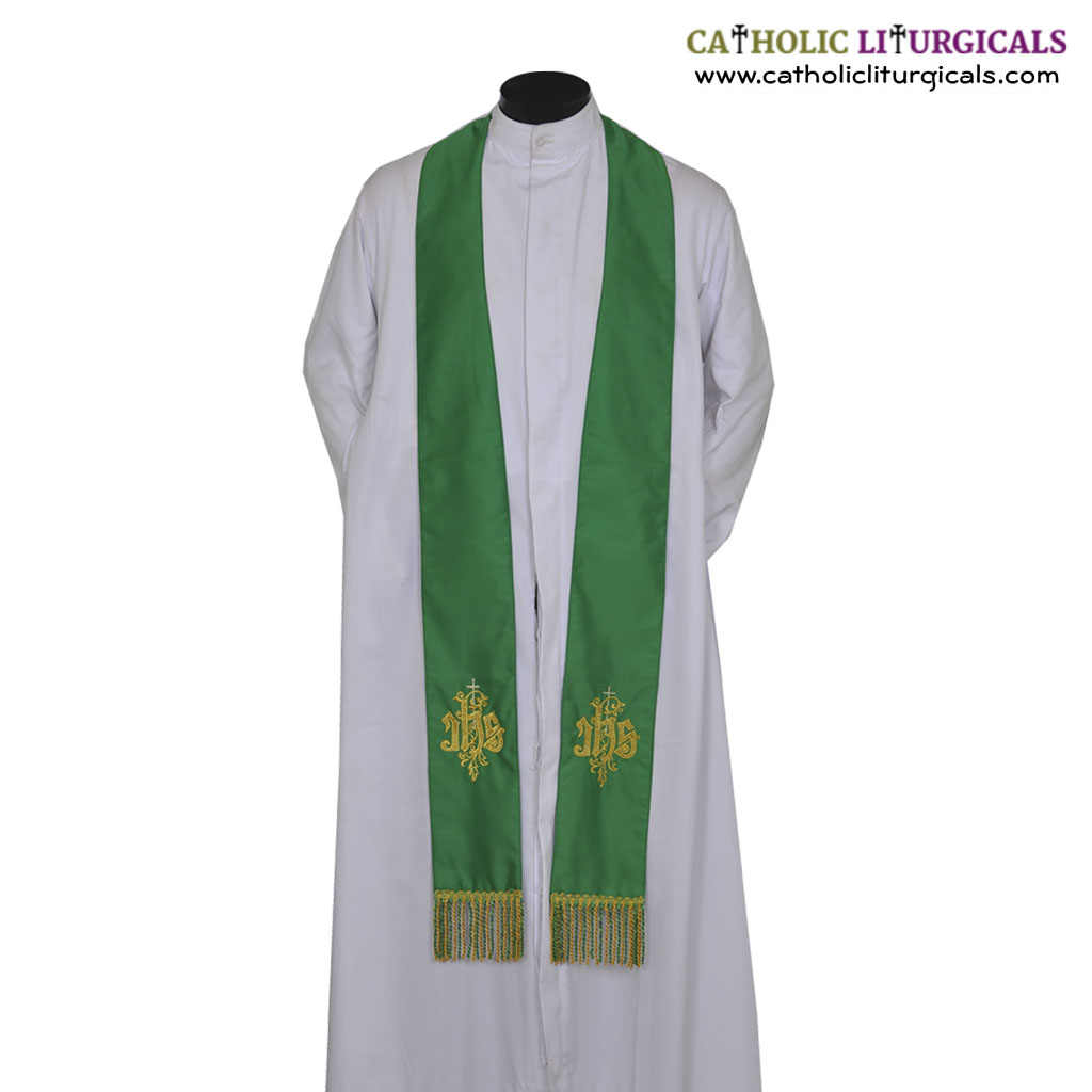 Priest Stoles Green - Priest Stole With IHS Embroidery
