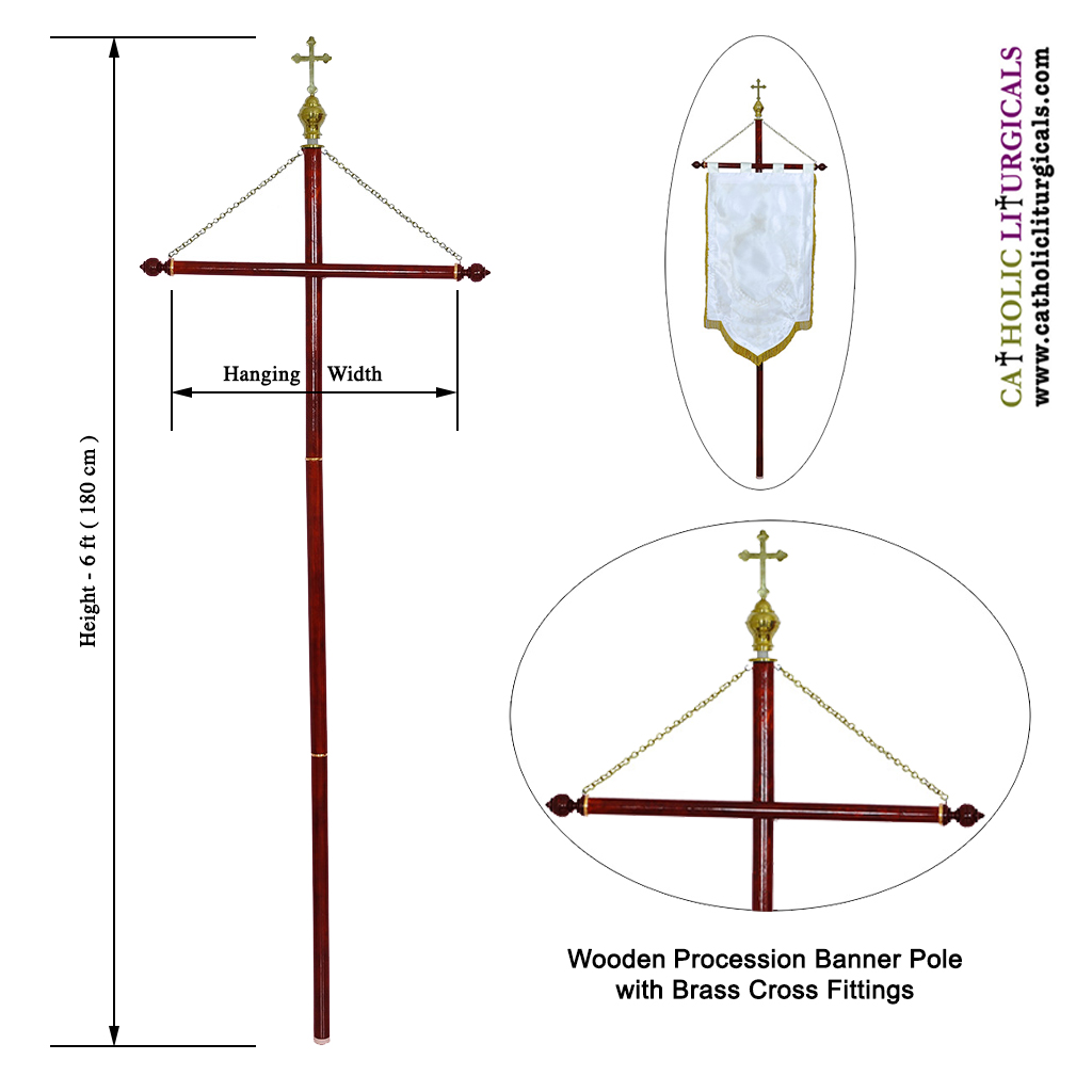 Church Banners Wooden Banner Pole with Brass Fittings - Height 6 Feet