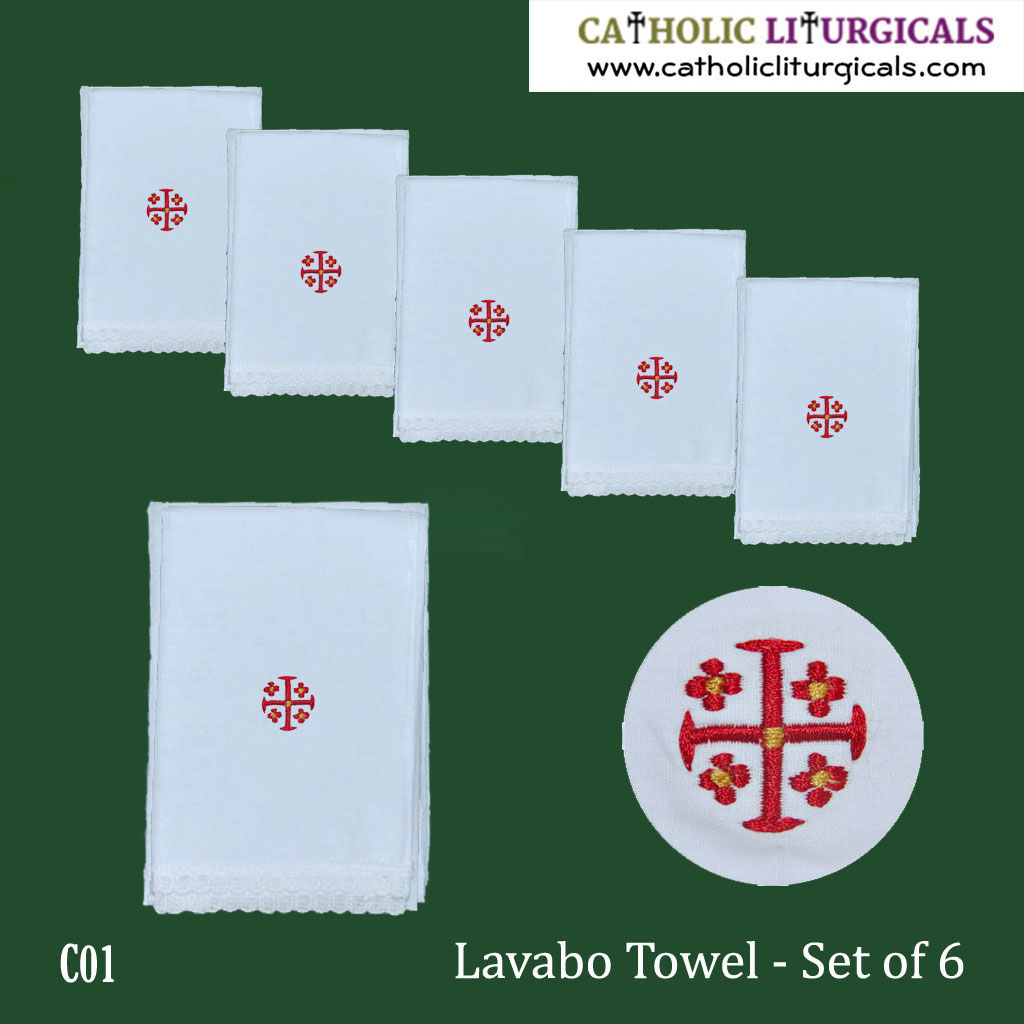 Altar Linens Set of 6 Cross Design Lavabo Towel - Jerusalem Cro