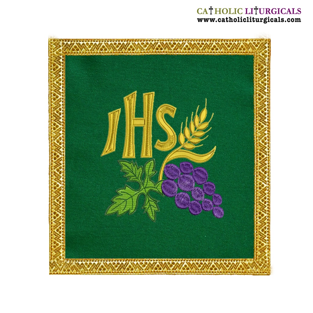 Lenten Offers Green Chalice Pall IHS Wheat & Grapes design - M06