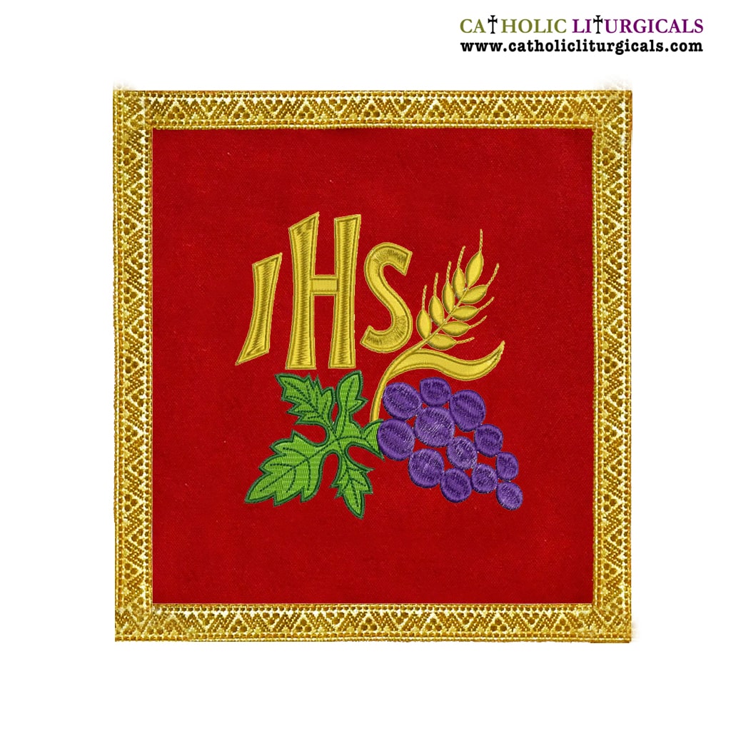 Chalice Palls Red Chalice Pall IHS Wheat & Grapes design - M06