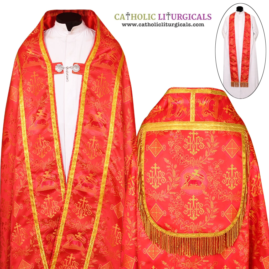 Lenten Offers Red Cope Vestment in Agnus Dei, IHS Fabric