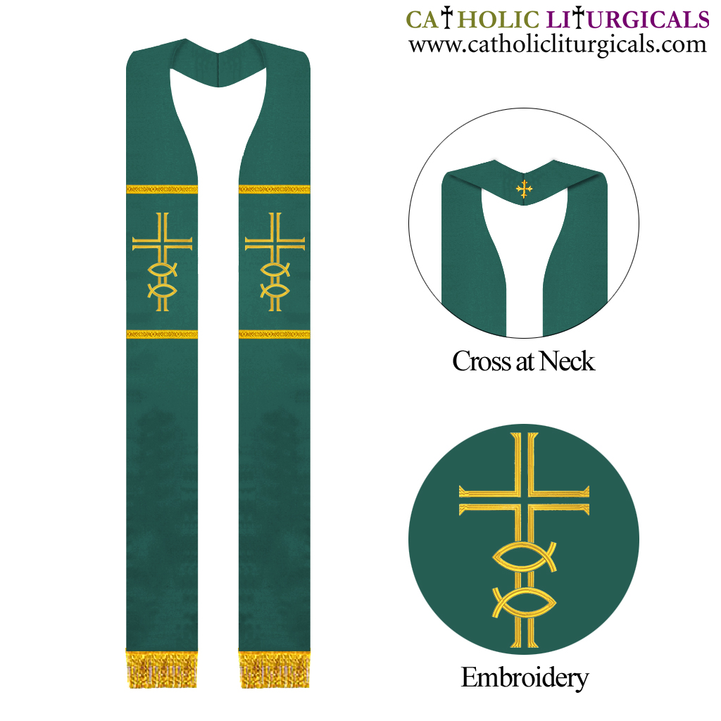 Priest Stoles Green Priest Stole - Cross and Fish