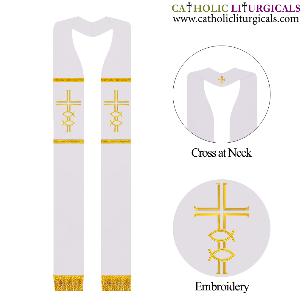 Priest Stoles White Priest Stole - Cross and Fish