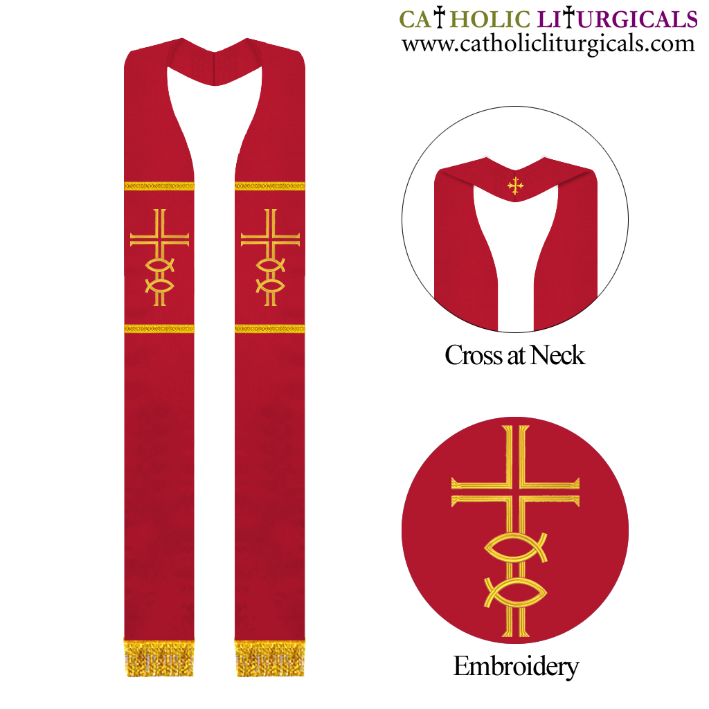 Priest Stoles Red Priest Stole - Cross and Fish
